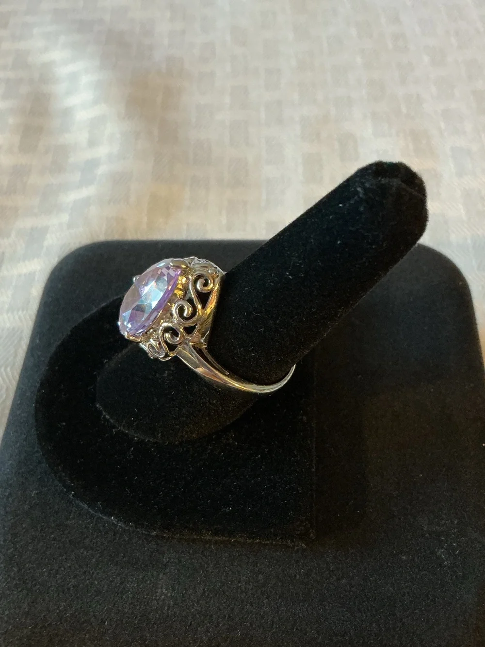Lavender Pear Cut Cubic Zirconia Silver Tone 3.5 Carat DEW Ring